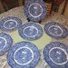 7 Pcs Staffordshire Canterbury Ironstone Porcelain River Scene Blue White Plates 9 3/4 Inch Across Made in England Decorated Underglaze