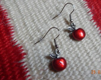 Silver-tone Enamel Red Apple Dangle Earrings