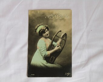 1921 colored French antique " Sainte Cécile " postcard, French vintage postcard, Antique postcard, musicians postcard, French postcard!