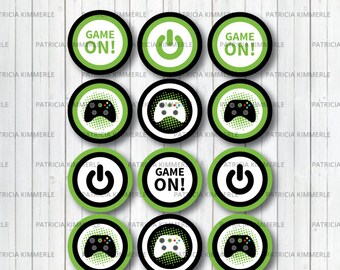 Printable Cupcake Toppers, Video Game Party, Game On, Green, Teen, Gaming, Level Up, Gamer, Birthday, Decorations, DIY, INSTANT DOWNLOAD