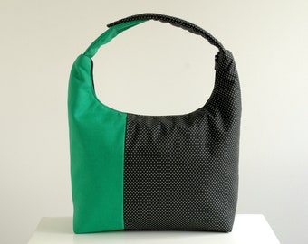 Insulated Lunch Bag Colorblock, Women Lunch Bag, Colorblock Small Tote, Work Lunch Bag, Lunch Tote-Emerald Black and White Polka Dot