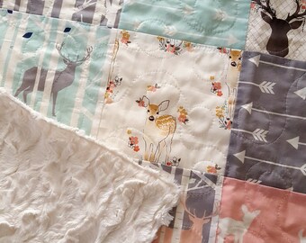 Woodland Baby Girl Quilt, Fawn Quilt, Deer Quilt, Toddler Girl Bedding, Crib Quilt, Nursery Bedding, Deer Baby Bedding