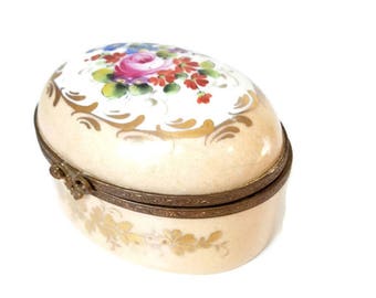 vintage handpainted porcelain pill box, jewelry box, trinket box