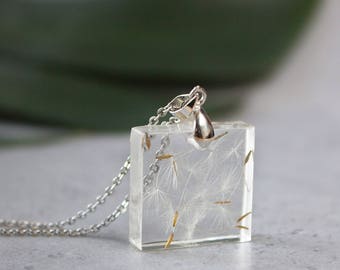 Silver dandelion necklace Glass flower necklace College graduation gift for her Miniature terrarium necklace, real dandelion seeds