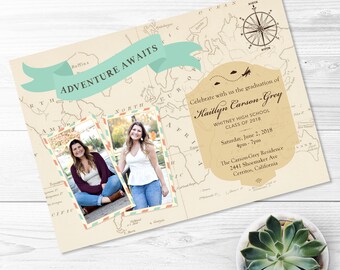 Senior Graduation Invitation -- Vintage Travel, Adventure Awaits, Map, World Travel, Going Places, Class of 2018, Printable, Digital File