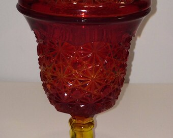Vintage LE Smith Candy Dish, Hard to Find L.E. Smith Amberina, Button and Daisy Glass Candy Pedestal Dish with Lid