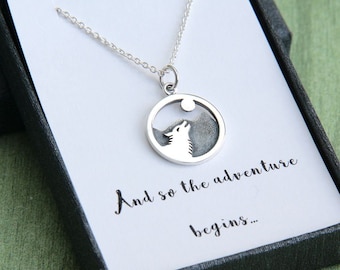 Silver Wolf Necklace, Wolf Howling at Moon Necklace, Wolf Pendant Necklace, Inspiration Necklace, Inspirational Jewelry, Graduation Necklace