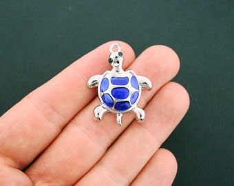 2 Turtle Charms Silver Plated Enamel Fun and Colorful - E239