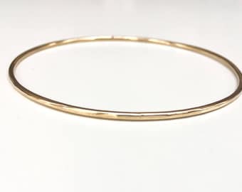 14K Gold Bangle - SOLID Gold - 14 Gauge / 1.63mm Thick Full Round Wire Smooth or Hammered 14K Solid Gold Bangle Heirloom Quality Marked 14K