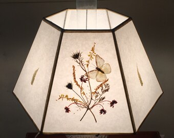 Electric Oil Lamp with Large Floral Inlaid Lampshade & Glass Globe Chimney | Flowers and Butterfly Design | Brass Trimmings and Metal Base