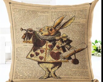 Alice in Wonderland Vintage White Rabbit Script Cushion Cover Cotton Blend Hessian Look