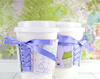 Corset Cup Cozy // Home Sweet Home Cup Cozy // reversible // adjustable // fabric coffee cozy // drink sleeve // to go cup cozy // reusable