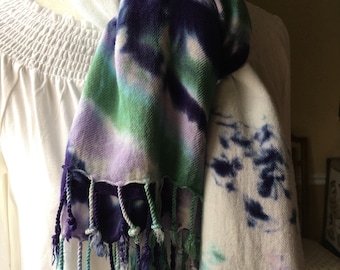 Tie Dye Fringe Scarf Rayon, Purple/Green/White, Gift for Her