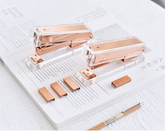 Rose Gold Stapler with Staples |Transparent Brass Stapler|Rose Gold Staples Refill|Clear Acrylic Stapler|Modern Design Office Desk Accessory