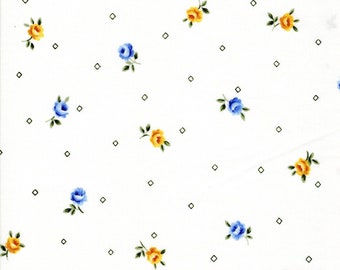 Garden Twist Anniversary Fabric Designed by Sharon Yenter for In The Beginning,Yellow and Blue Flowers on White By The Yard