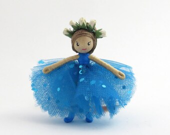 Little ballerina doll, miniature bendy doll, small blue doll, poseable doll, miniature ballet doll, blue tutu doll, blue bendy doll