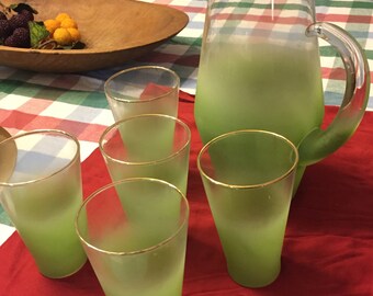 Vintage Blendo Frosted Lime Green Pitcher & 5 Glasses 1950s-1960s