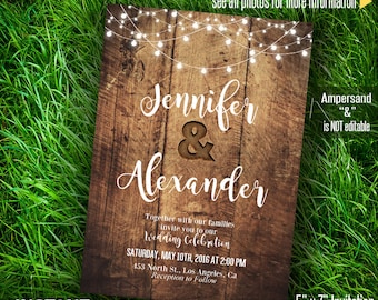 Wedding Invitation, Rustic wood and lights, Printable wedding templates, Instant Download Self editable PDF file A243
