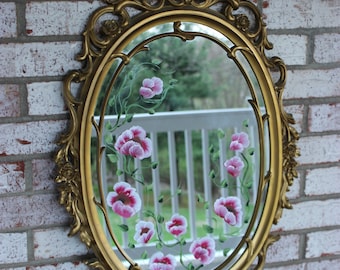 Vintage Syroco Wall Hanging Gold Mirror Frame Decorative Hollywood Regency Hand painted flowers