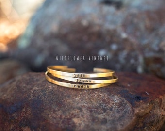 Skinny Personalized Stacking Cuff Bracelet | Name Jewelry Mother's Day Baby Shower Gifts for New Mom Bridesmaid Gift Brass Copper Silver