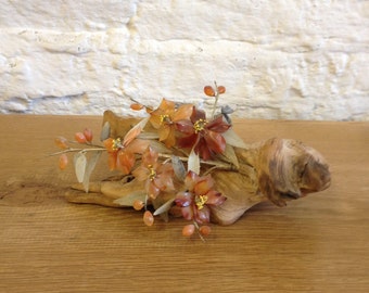 Vintage Treen Wooden Driftwood With Resin/Plastic Flower Design Arrangement. Quirky Item.