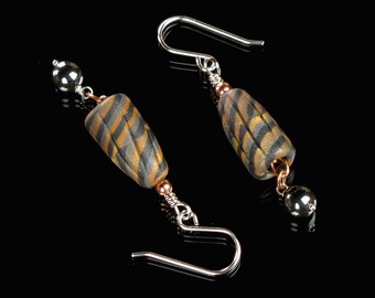 Rustic Dangle Earrings, Silver Drop Earrings, Earthy Black & Gold Earrings, Art Jewelry, Unique Jewelry Gift for Her, Girlfriend, Mom Gift