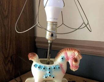 Unique Nursery Ceramic Rocking Horse Dresser Lamp with Wire Shade Frame
