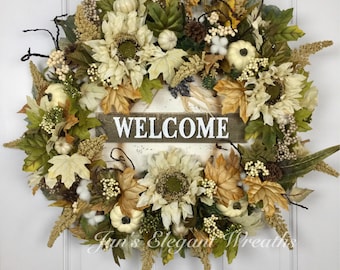 Large Fall Wreath. Welcome Wreath. Fall Door Wreath. Sunflower Wreath. Wreath with Pumpkins. Front Door wreath for Fall. Floral Wreath.