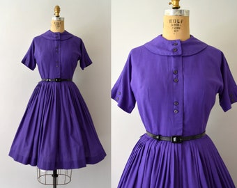 Vintage 1950s Dress - 50s Bobbie Brooks Deep Purple Fit and Flare Dress- Small