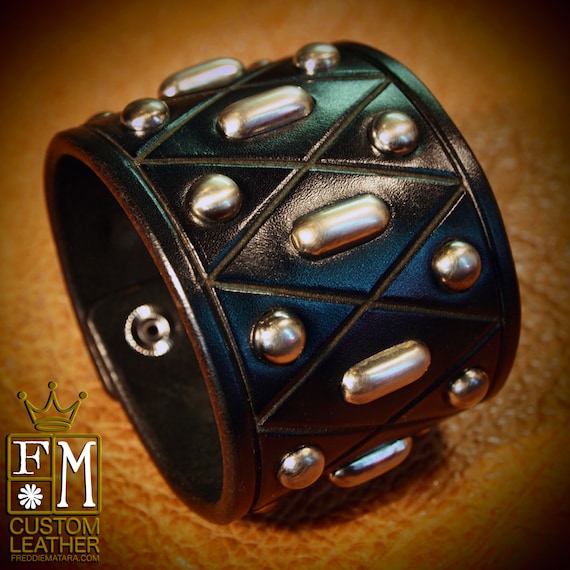 Black Leather cuff studded Bracelet Custom Made for YOU in USA by Freddie Matara