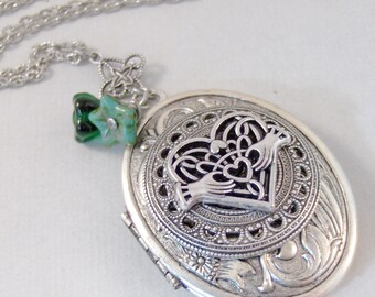 Celtic Claddagh,Claddagh Locket,Claddagh Necklace,Celitc Necklace,Celtic Jewelry,Antique Locket,Silver Locket,Heart,Crown,valleygirldesigns