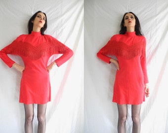 80's rocker/grunge/glam red stretch dress with lattice and fringed applique .