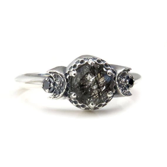 Black Included Quartz Triple Moon Goddess Engagement Ring - Sterling Silver