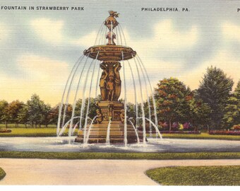 Vintage Linen Postcard....Pennsylvania, Philadelphia, Fountain in Strawberry Park...Used...no. PA0049