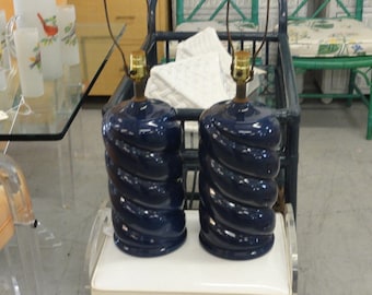 Pair of Spiral Navy Blue Ceramic Lamps
