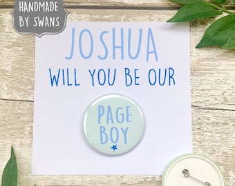 Page boy card, page boy gift, personalised page boy card, will you be our page boy, badge card, pin badge card, greeting card with badge