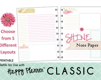 HAPPY PLANNER Notes/Journal Paper Refills Printable - PDF - Classic 7 x 9.25 mambi | Create365 | me & my Big Ideas "Shine"