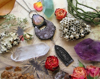 Statement Necklace "Praying Goddess" with labradorite, amethyst cluster crescent, and rustic pendant. Custom length stainless steel chain.