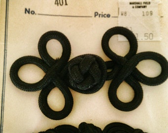 Two vintage Black Hand Made Frog Fasteners #Sewing Notions