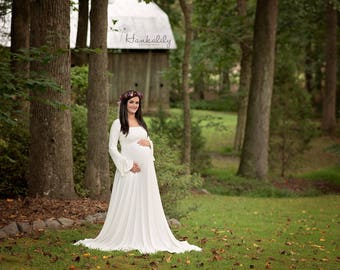 Maternity Maxi Photo Dress Or Wedding- Renaissance- On or Off Shoulder w/Belled Sleeves-Natural Fiber Jersey - Made to Measure -XXS-L