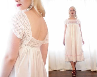 Vintage Mexican white cotton crochet embroidered pastel pink blue embroidery sundress sun dress ethnic bohemian BoHo