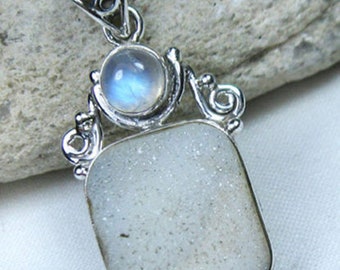 Druzy, Moonstone with Solid 925 Sterling Silver Handmade Jewelry Pendant