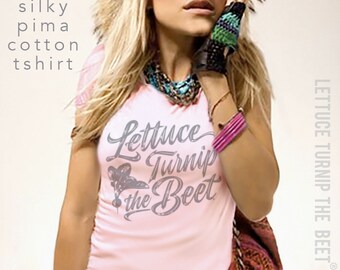 Lettuce turnip the beet ® trademark brand OFFICIAL SITE - pale pink pima cotton juniors shirt with cursive logo - farmers market tshirt