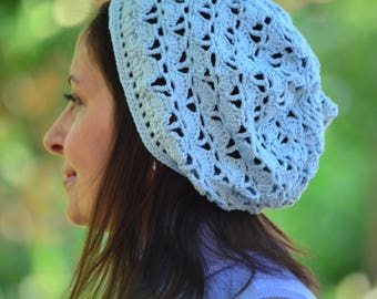 Cotton beanie summer, crochet lace hat, women beanie crochet, slouchy beanie, lighweight hat, blue summer hat women birthday gift
