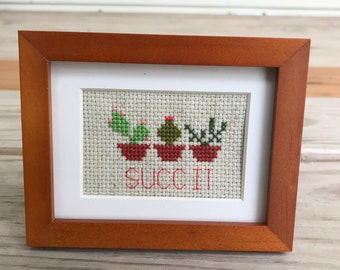 Small Framed Cactus Succulent “SUCC IT” Completed Cross Stitch in tan wooden frame: cute fun gift/party favor/home decoration