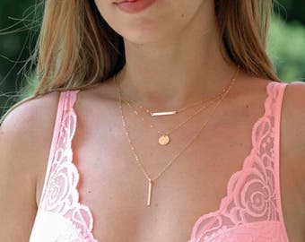 Layered Necklace Set, 3 Necklaces, Minimal Jewelry, Bar Necklace, Initial Necklace, Disc Necklace, 14k Gold Fill, Rose Gold, Sterling Silver