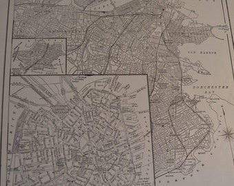 1914 City Map Boston Massachusetts - Vintage Antique Map Great for Framing 100 Years Old