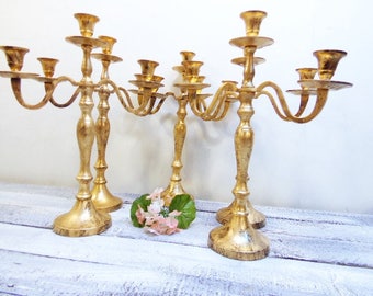12 Wedding Candelabras 3 arm Shabby Candle Holder Antique Gold Distressed