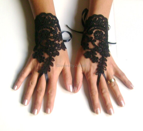 Black Wedding gloves french lace gloves bridal bridesmaid gloves lace gloves fingerless gloves black gloves 266
