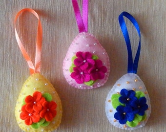 Set of 3 egg ornaments. Embroidered felt Easter ornaments. Easter tree decor. Spring ornaments. Spring decorations. Easter egg ornaments